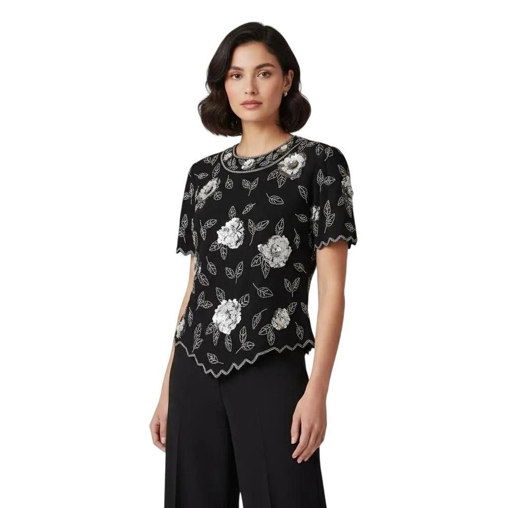Marina By Marina Bresler Vintage Sequined & Beaded Scalloped Edge‎ Blouse Medium